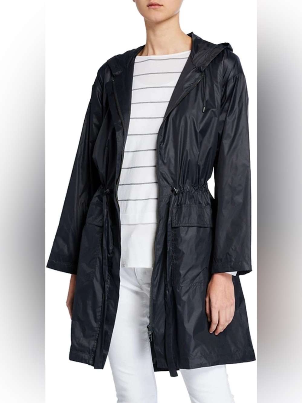 Eileen Fisher Packable Hooded Raincoat Size S Black Nylon Lightweight Jacket